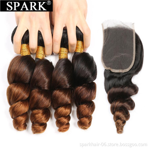 Spark 1b/4/30 Ombre Bundles with Closure 10A Brazilian Ombre Kinky Curly Human Hair 3 Bundles with Closure